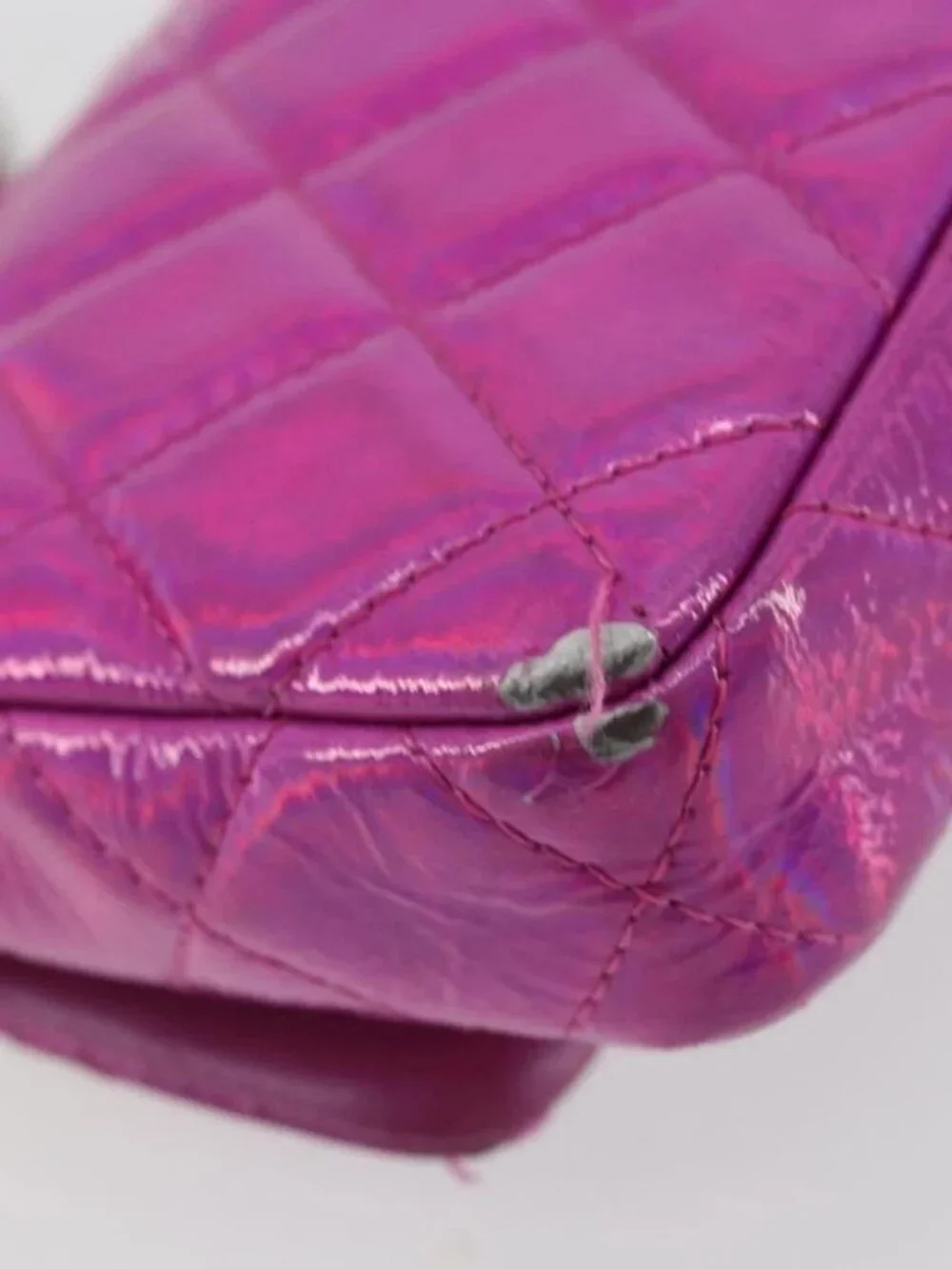 CHANEL Matelasse Carabiner Pouch Patent leather Pink Silver CC Auth YKZ1380A